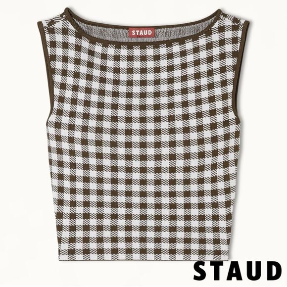 STAUD **NWT** Montgomery Cropped Knit Tank in Chocolate Brown Gingham - Picture 1 of 14